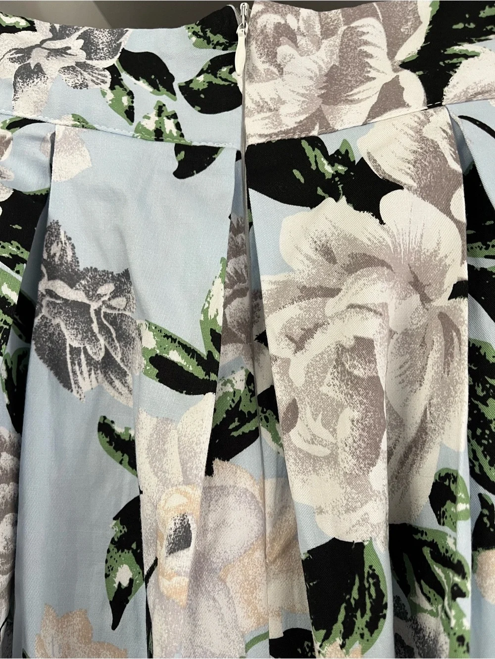 Light Blue Floral A-Line Skirt with Black and Green Accents L